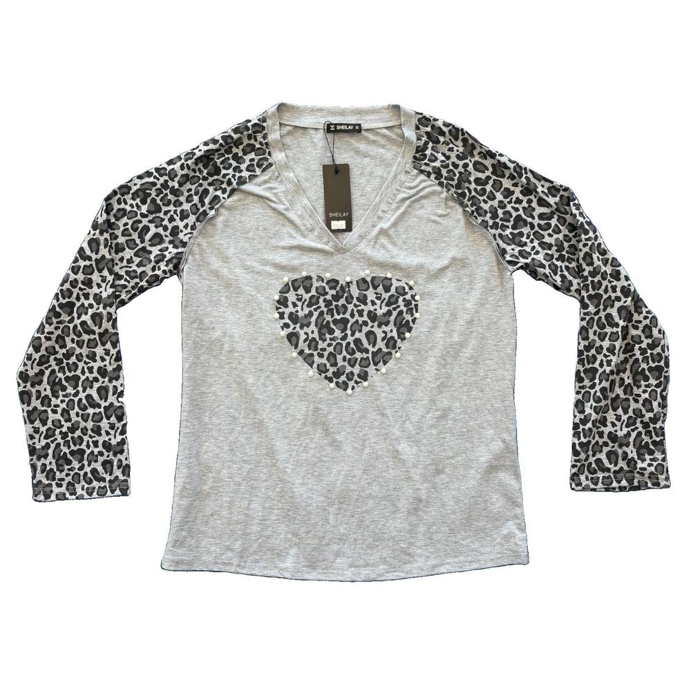 NWT SHEILAY Women’s Size Large Animal Print Gray Pearl Henley Long Sleeve Shirt